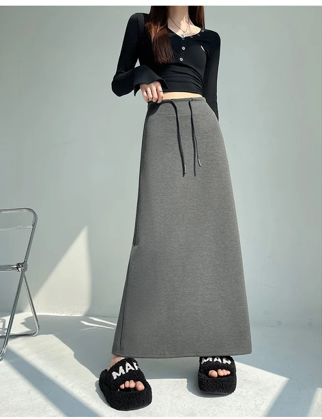 25 Korean Style Autumn-Winter Casual Drawstring Elastic Waist A-line Midi Skirt with Slit Detail