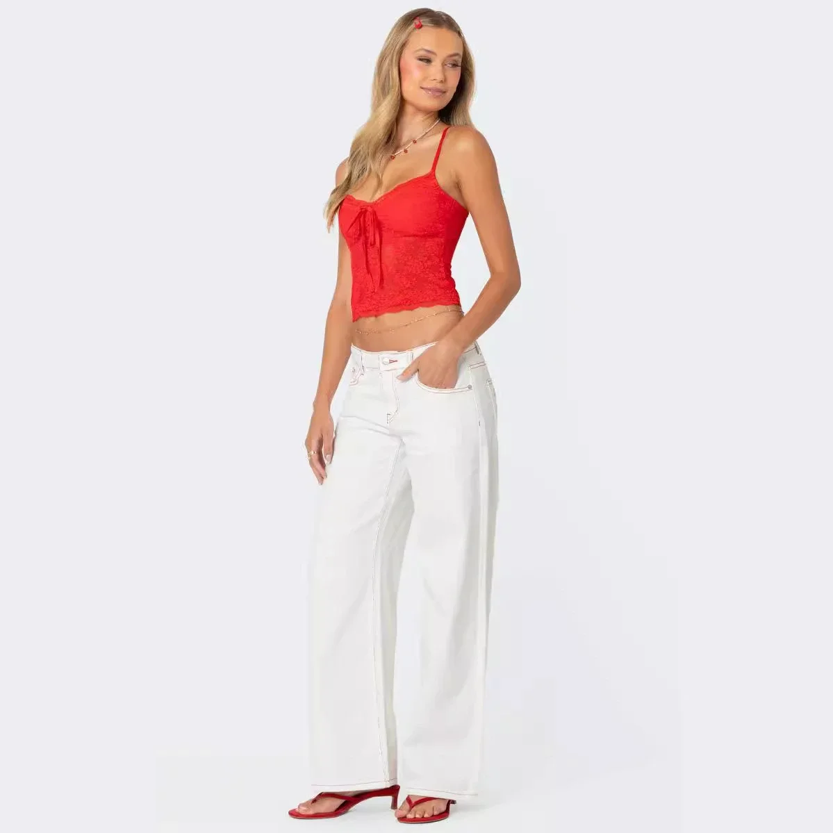 Early Fall White Jeans with Bow & Strawberry Patches