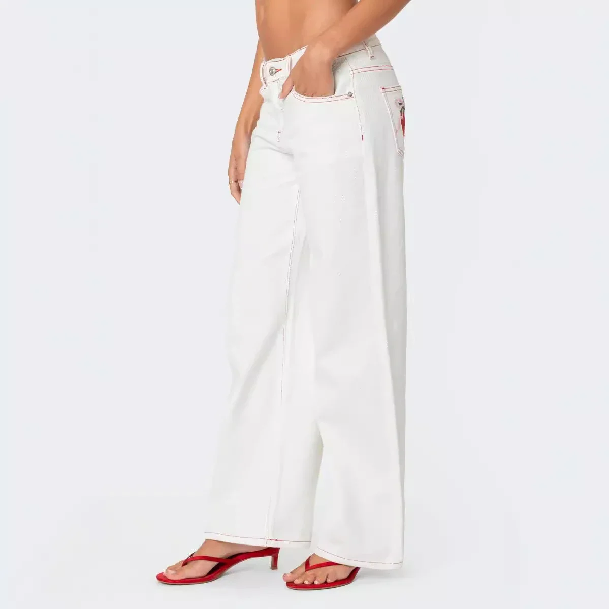 Early Fall White Jeans with Bow & Strawberry Patches