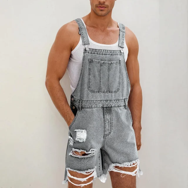 Men's Denim Suspender Shorts with Ripped Design Detail