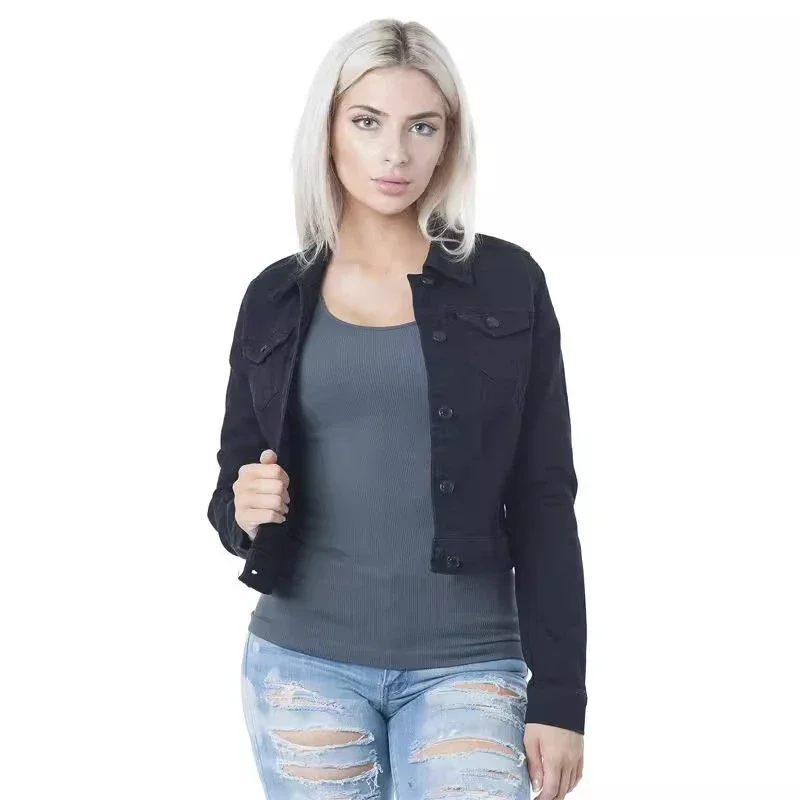 European Sourced Spring Autumn Women's Slim Fit Collarless Solid Single - Breasted Street Style Short Denim Jacket