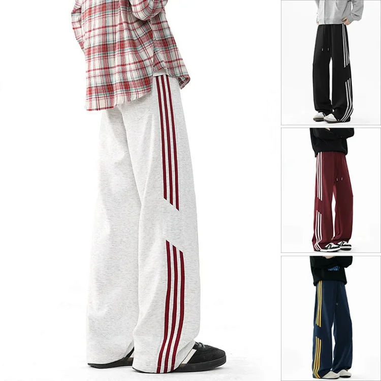 2025 Spring New US High Street Striped Patchwork Sweatpants for Men (Large Size, Wide-Leg, Loose & Casual Sportswear)