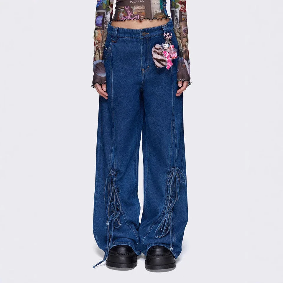 Women's Retro Tie-Decorated Wide-Leg Denim Pants
