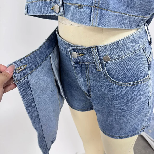 European and American Denim Shirt & Skirt/Pants Set Detail