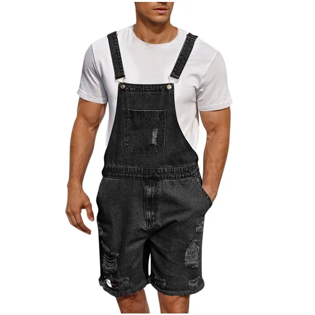 TEMU Big Size Ripped Men's Denim Bib Shorts Detail