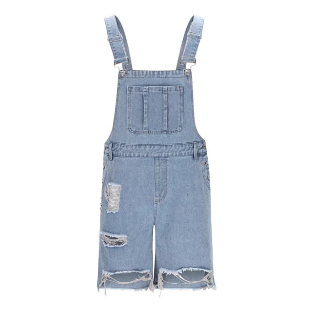 Men's Denim Suspender Shorts with Ripped Design Detail