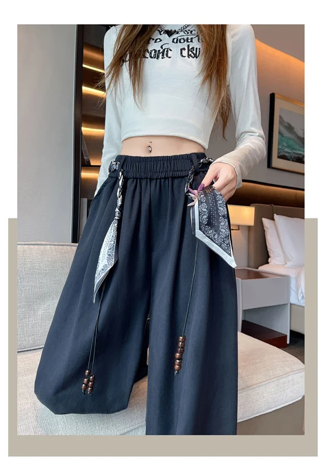 2025 Early Fall Korean-style Wide-leg Pants with Scarf Detail