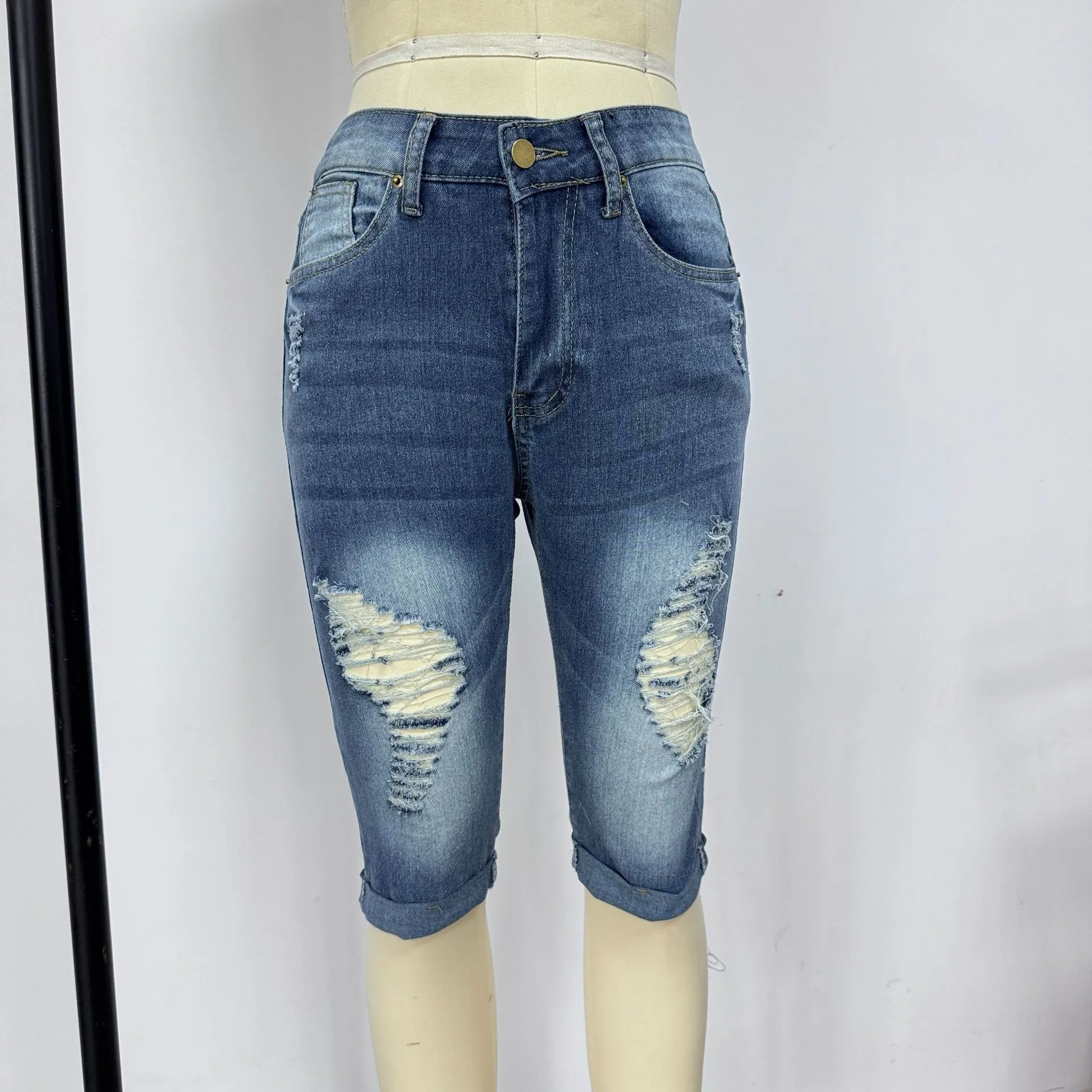 2025 Export-Sourced Slim-Fit Euro-American Hot Girl Jeans (Women's, 7/8 Length, Ripped)