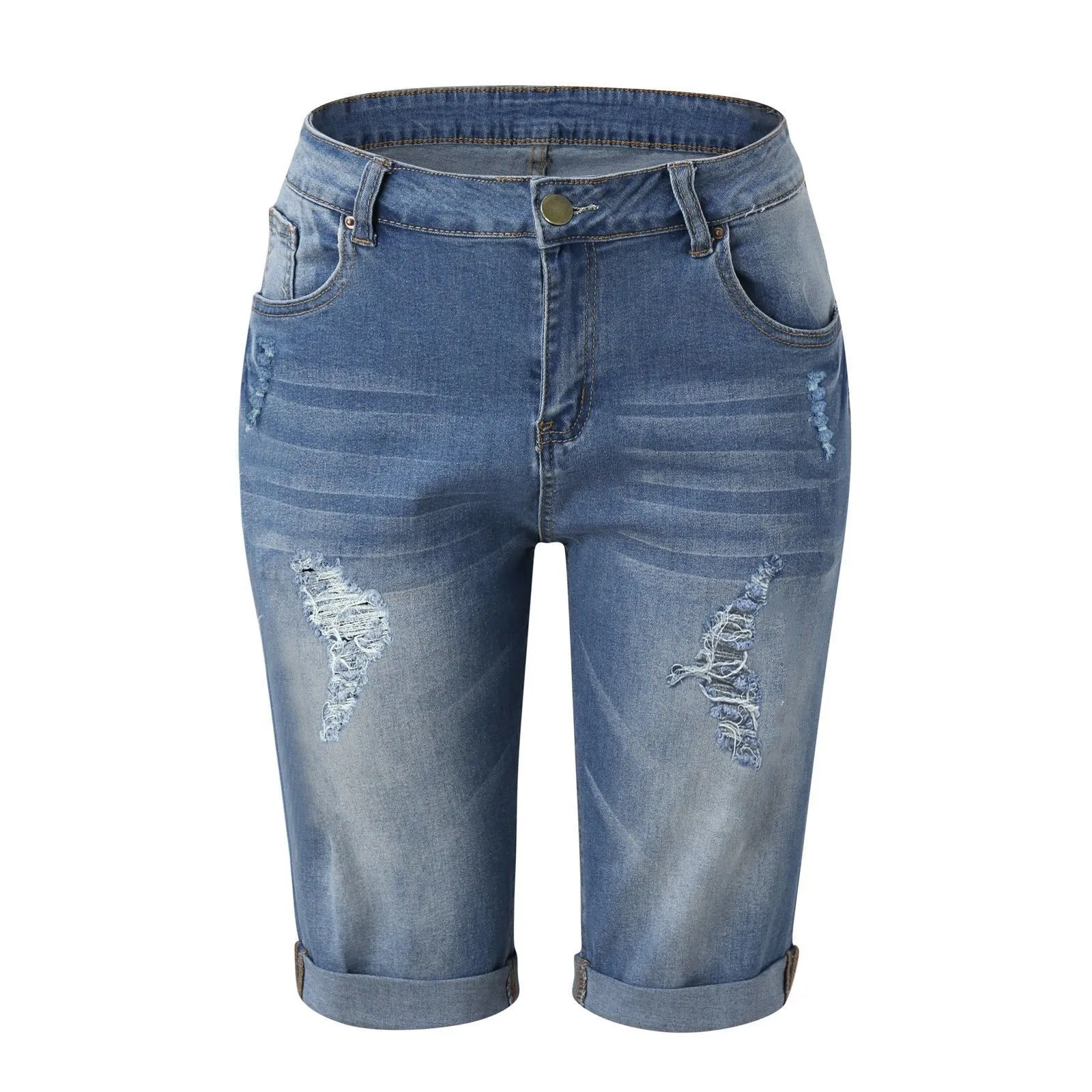 2025 Export-Sourced Slim-Fit Euro-American Hot Girl Jeans (Women's, 7/8 Length, Ripped)