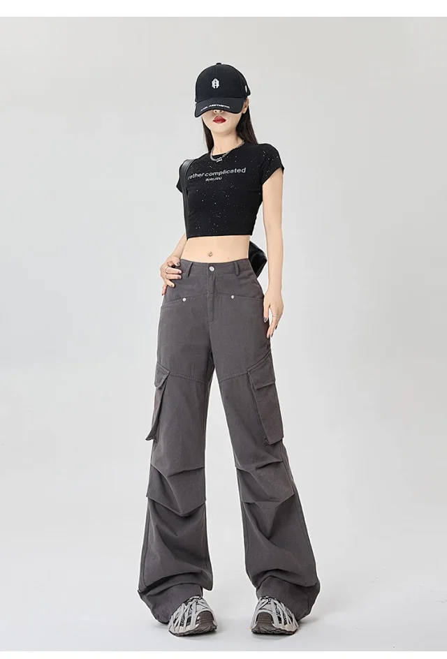 American Retro Pleated Multi-pocket Streetwear Cargo Pants Detail