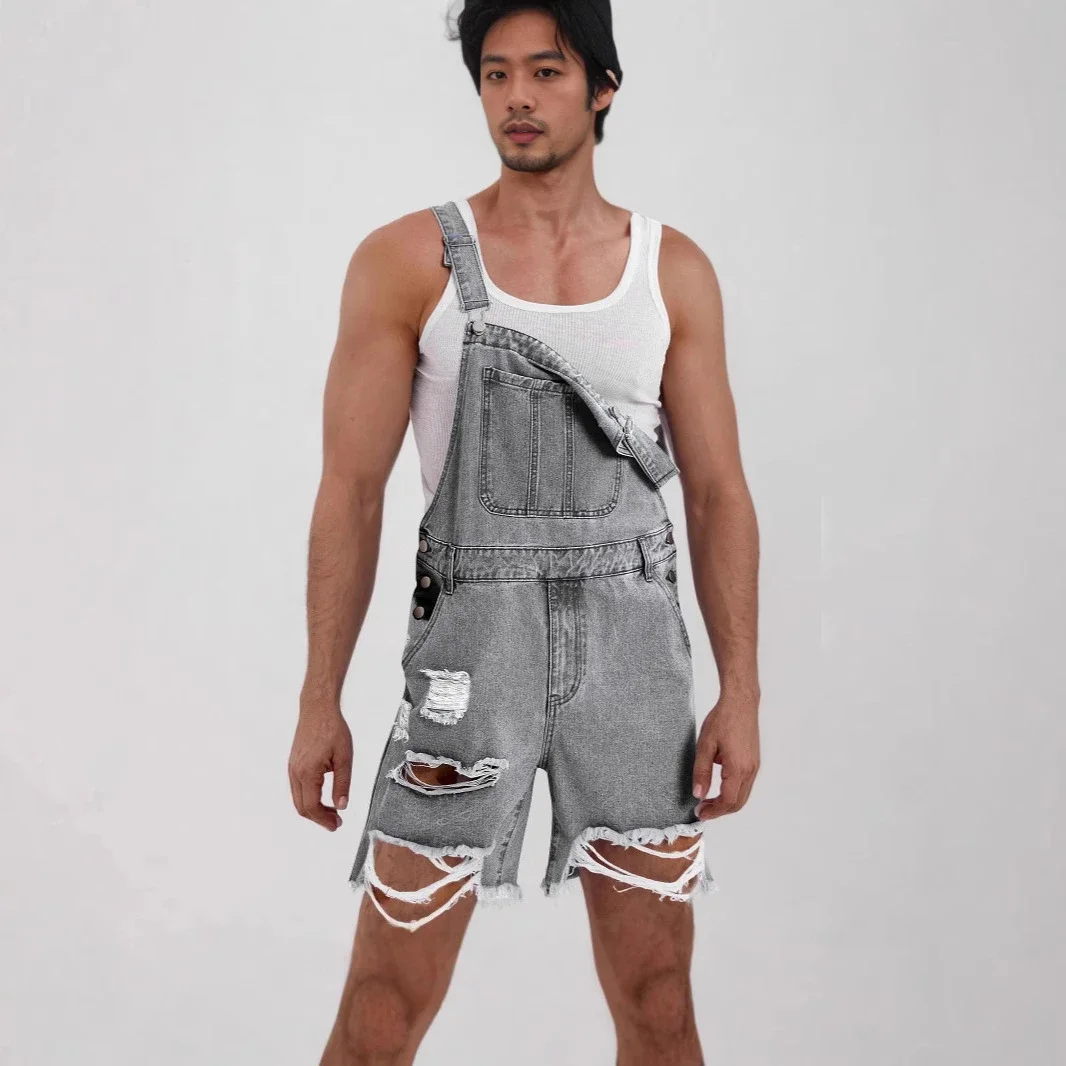 Men's Denim Suspender Shorts with Ripped Design