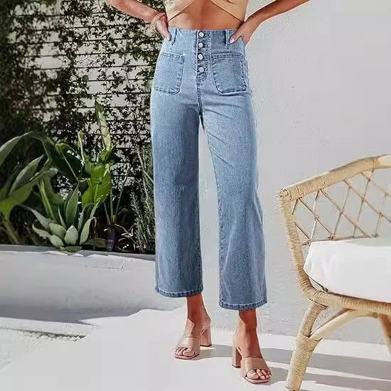 Retro Indigo Striped Wide-Leg High-Waist Jeans