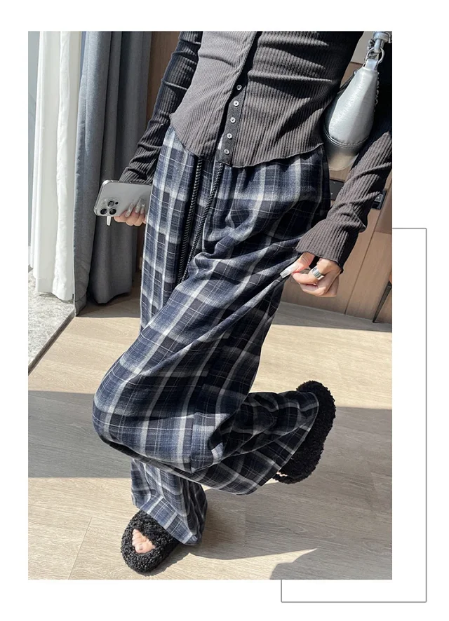 Women's Vintage Plaid Loose High-Waist Pants Detail