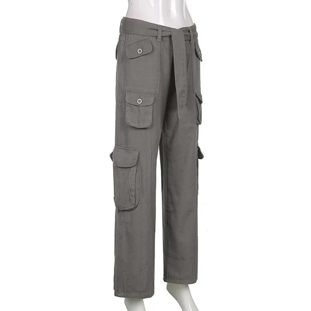 Trendy Women's Gray Wide-Leg Cargo Pants Detail