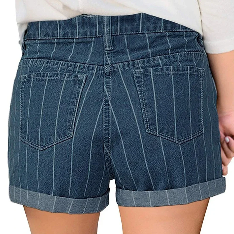 High-waisted Striped Cuffed Denim Shorts for Women