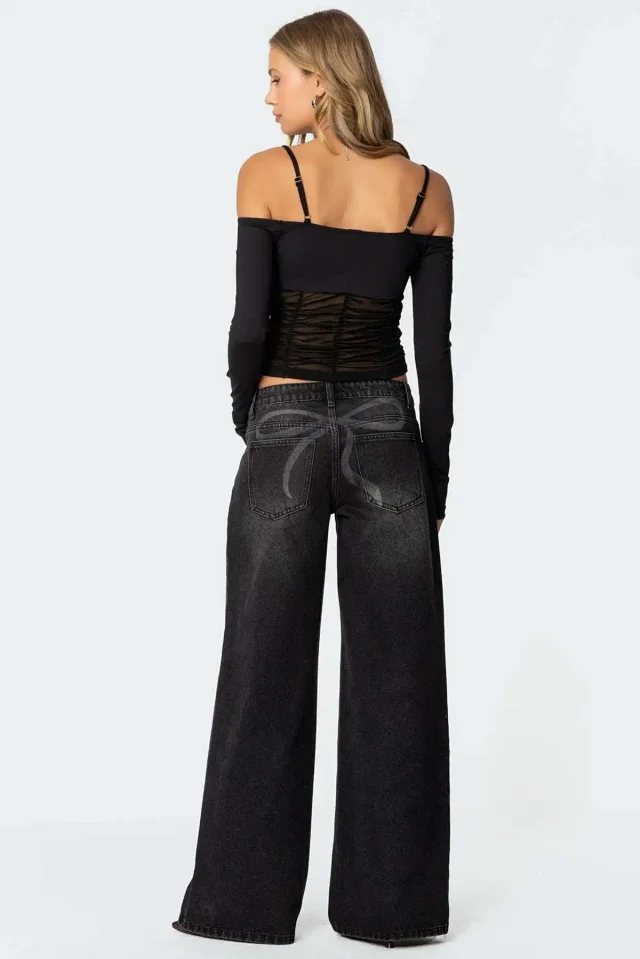 Women's Wide-Leg Printed Denim Pants Detail