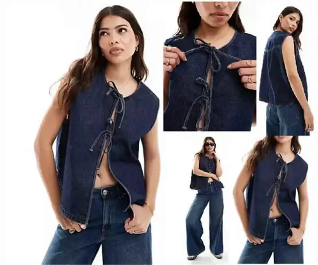 Amazon Denim Sleeveless Vest with Tie for Women Detail