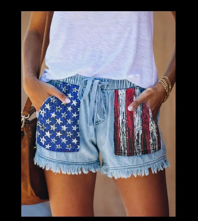 High-Waisted Drawstring Fringe Denim Shorts Detail