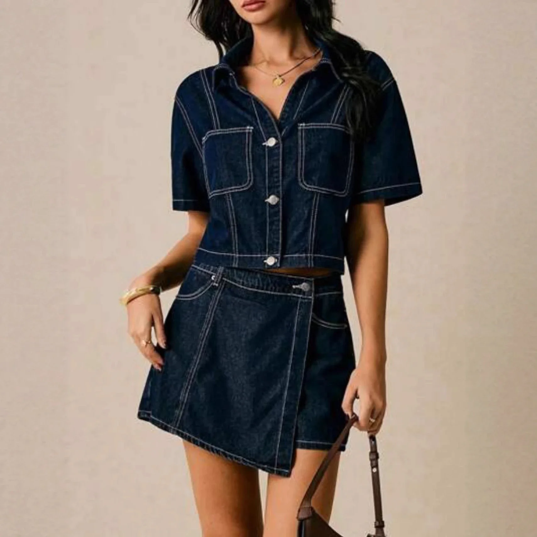 European and American Denim Shirt & Skirt/Pants Set