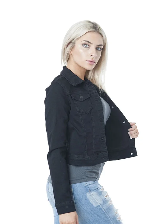 European Sourced Spring Autumn Women's Slim Fit Collarless Solid Single - Breasted Street Style Short Denim Jacket Detail