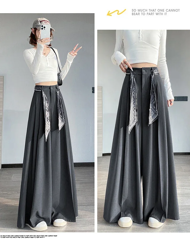 2025 New Women's Silk Belt Drapey Wide - Leg Pants Detail