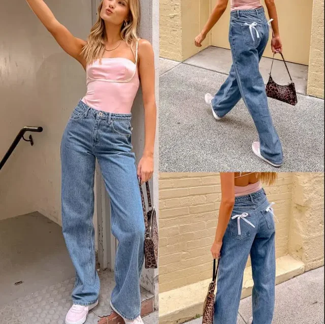 High-Waist Bowknot Straight Jeans for Women Detail