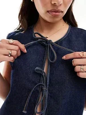 Amazon Denim Sleeveless Vest with Tie for Women Detail