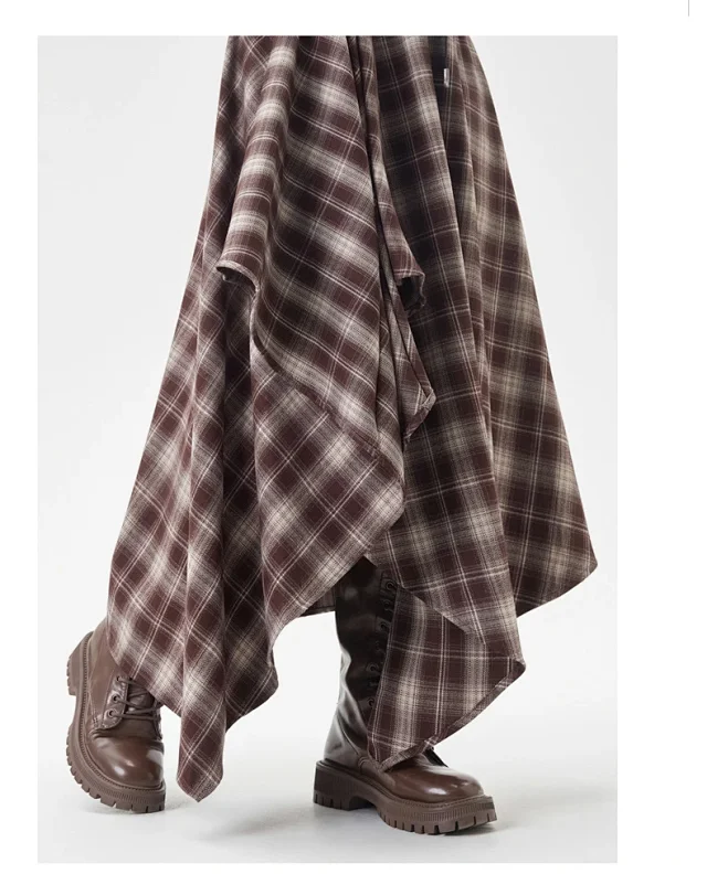 2025 Fall New Korean Black Plaid Irregular High-Waist Midi Skirt for Petite Cuties Detail