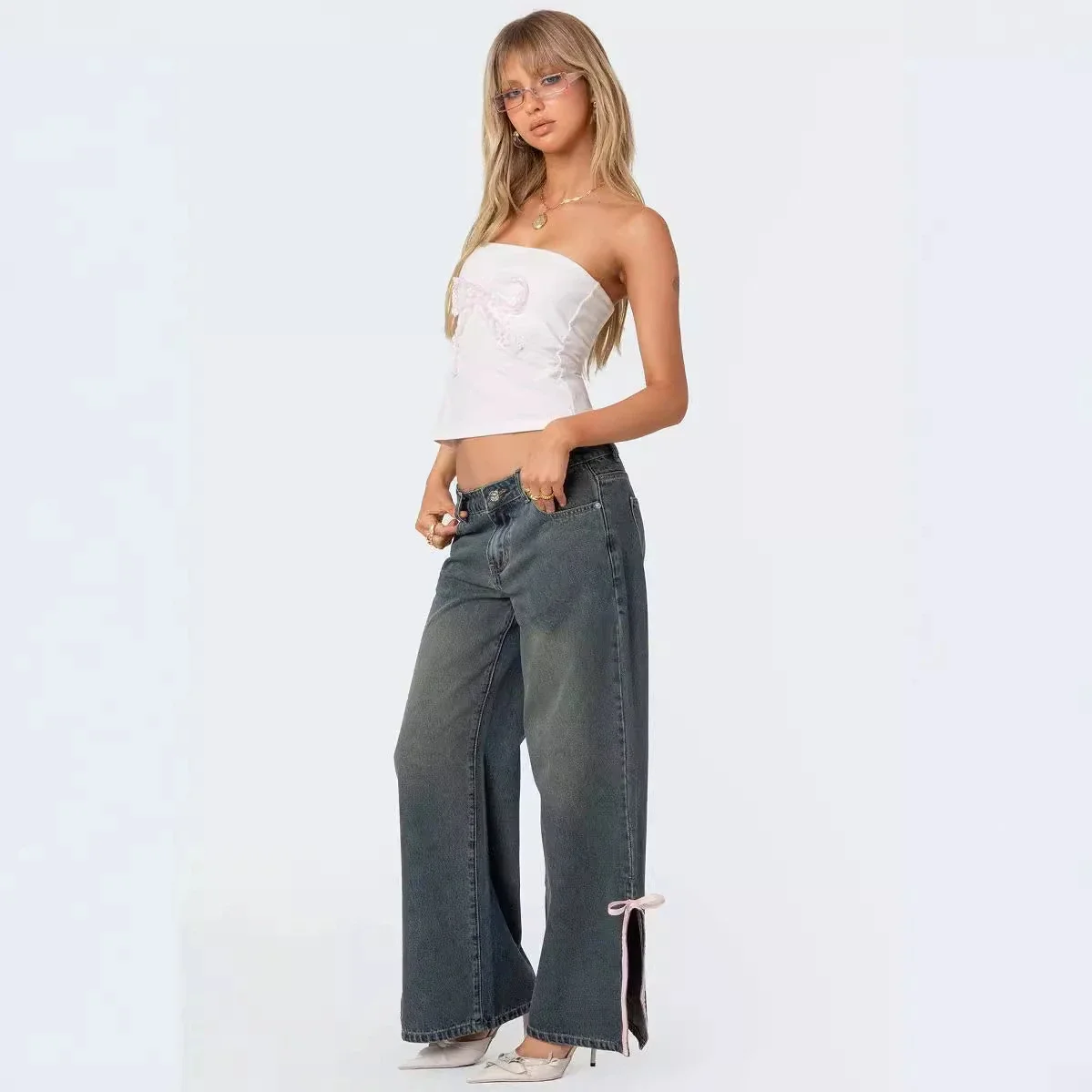 European Fashion New Micro-flared Mid-rise Slim Bow Side Split Jeans