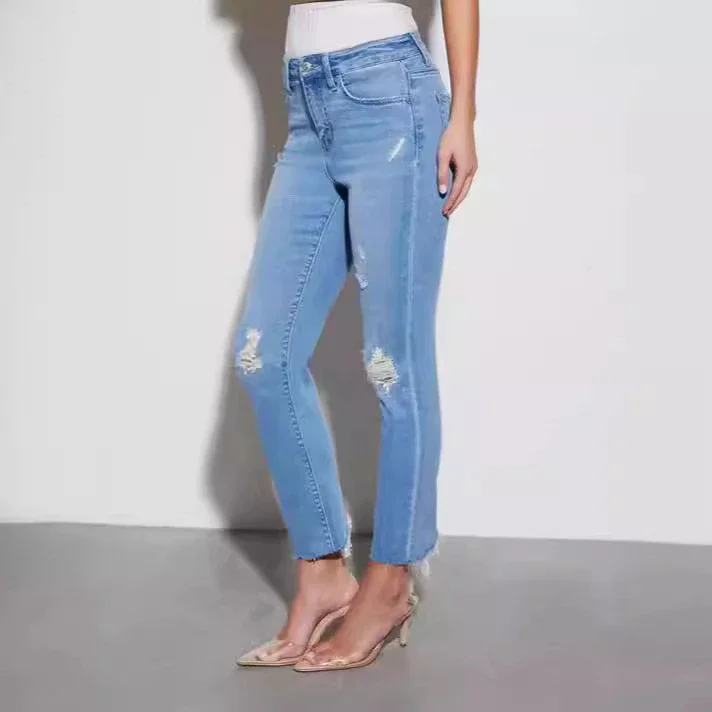 European & American Sourced Women's Spring/Fall Stretch Dark Blue Ripped High-Waist Slim Skinny Jeans (9/10 Length)