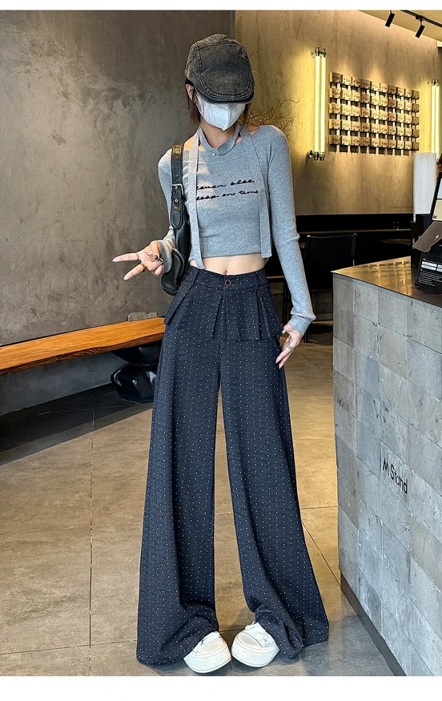 2025 AW Korean Ins Woolen Polka Dot Wide-Leg Pants Detail