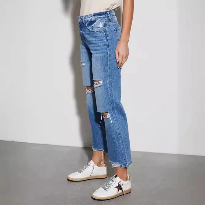 European American Sourced Summer Slim Fit Cotton High - Waist Straight - Leg Cropped Jeans