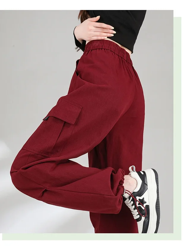 Ankela Red 2025 Fall Drawstring Cargo Pants Detail