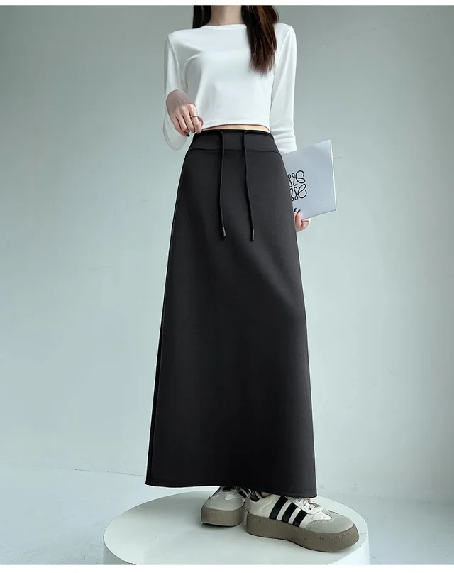 25 Korean Style Autumn-Winter Casual Drawstring Elastic Waist A-line Midi Skirt with Slit Detail