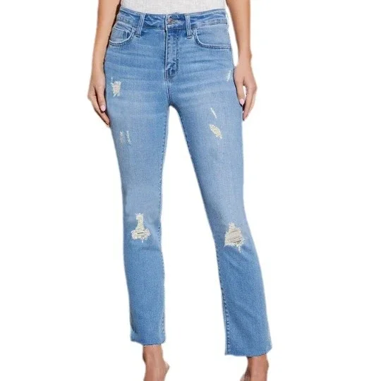 European & American Sourced Women's Spring/Fall Stretch Dark Blue Ripped High-Waist Slim Skinny Jeans (9/10 Length)