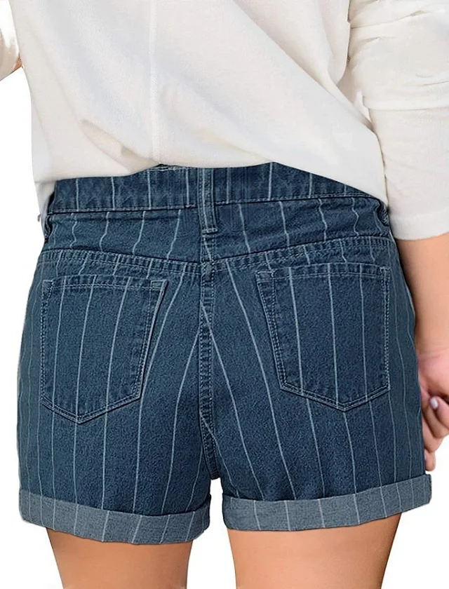 High-waisted Striped Cuffed Denim Shorts for Women Detail