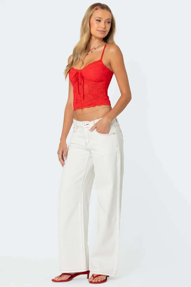 Early Fall White Jeans with Bow & Strawberry Patches Detail