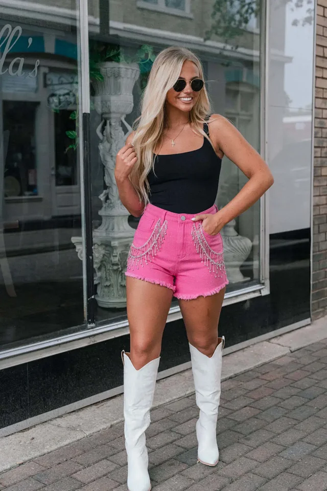 Sexy Fringe Rhinestone Chain Denim Shorts Detail