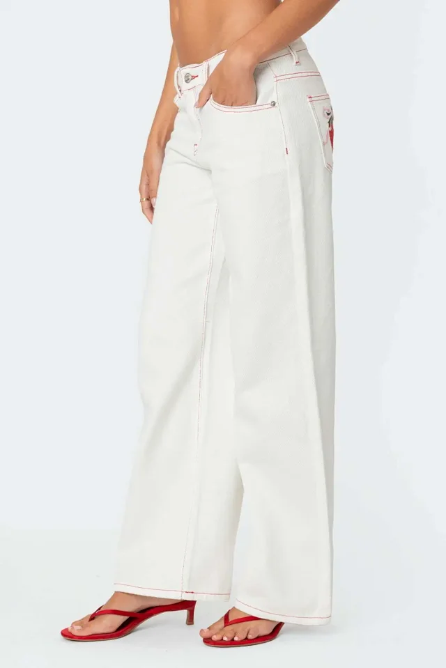 Early Fall White Jeans with Bow & Strawberry Patches Detail