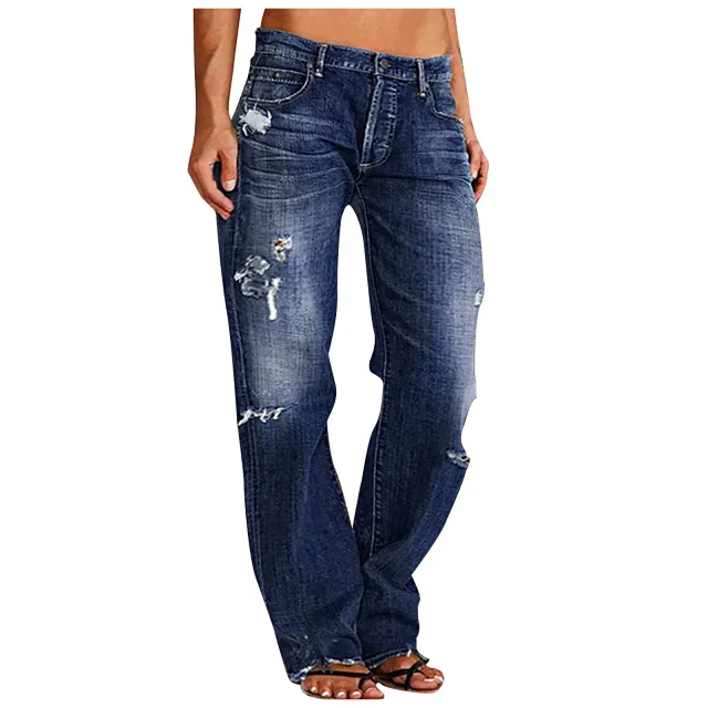 Women's Trendy Distressed Mid - rise Straight Jeans Detail