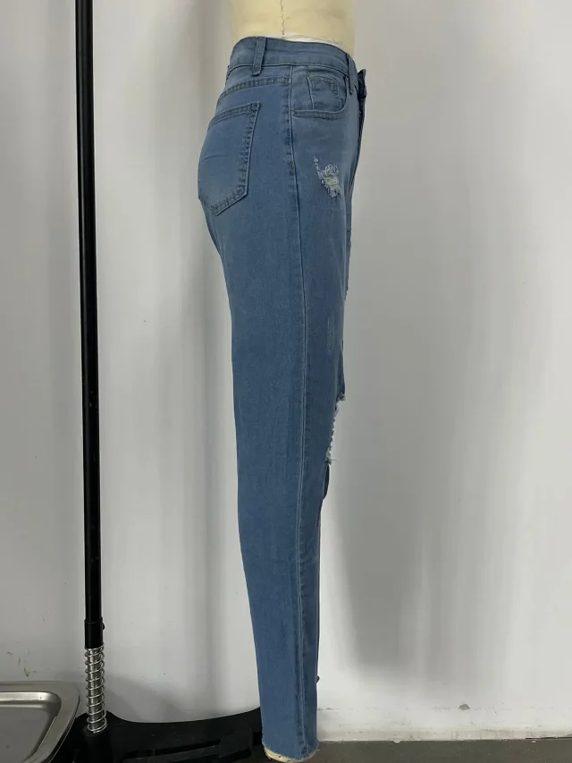 European & American Sourced Women's Spring/Fall Stretch Dark Blue Ripped High-Waist Slim Skinny Jeans (9/10 Length) Detail