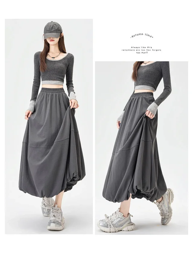 2025 Fall Korean High - Waist A - Line Lantern Midi Skirt Detail