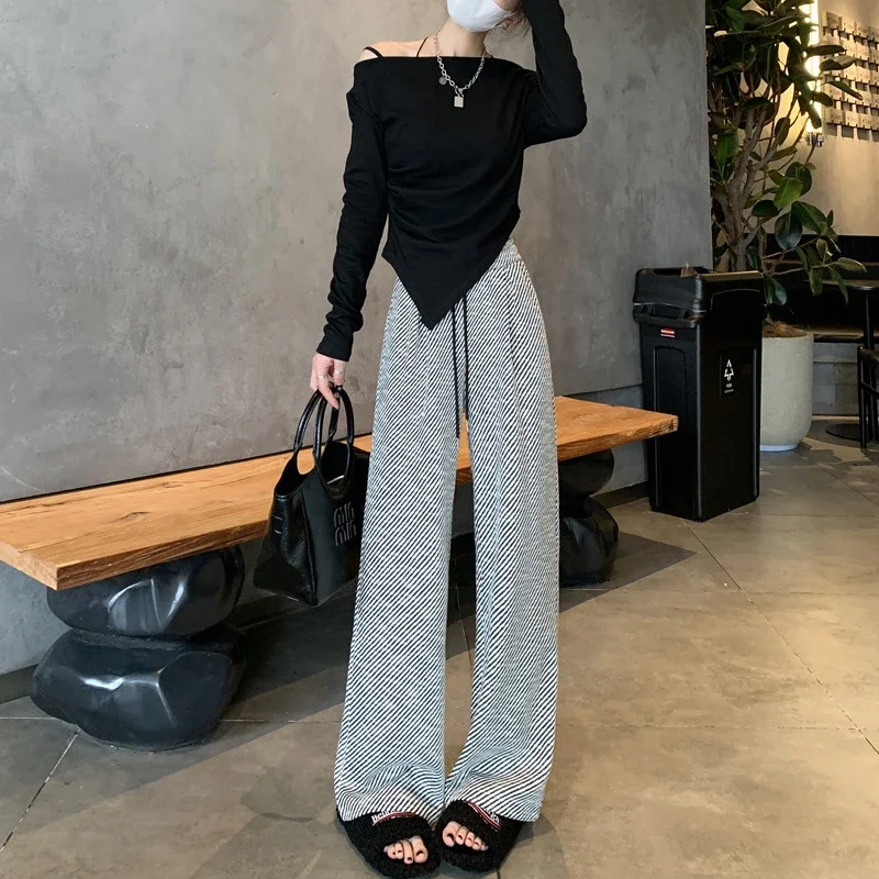 Shiny Striped Wide-Leg Pants for Women