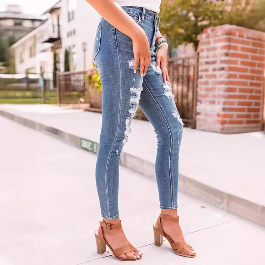 High-waisted Stretch Hole Skinny Jeans
