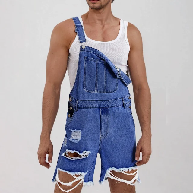Men's Denim Suspender Shorts with Ripped Design Detail
