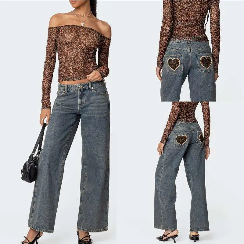 Low - Waist Leopard - Print Pocket Wide - Leg Jeans