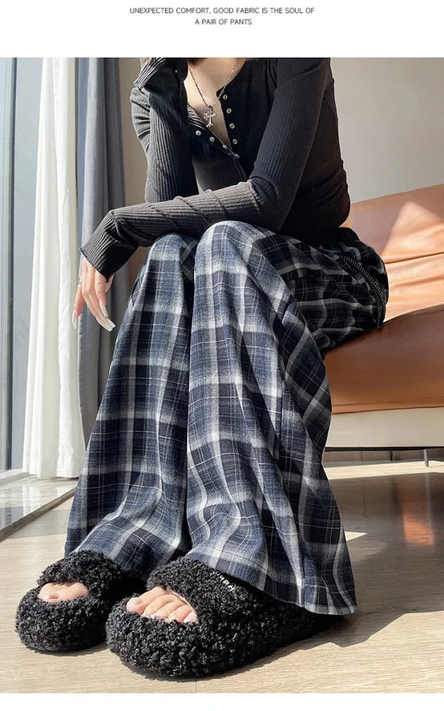 Women's Vintage Plaid Loose High-Waist Pants Detail