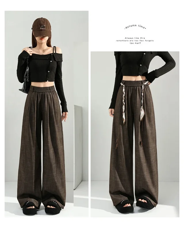 Women's 2025 Early Autumn Silk Scarf Tie Wide-Leg Pants Detail