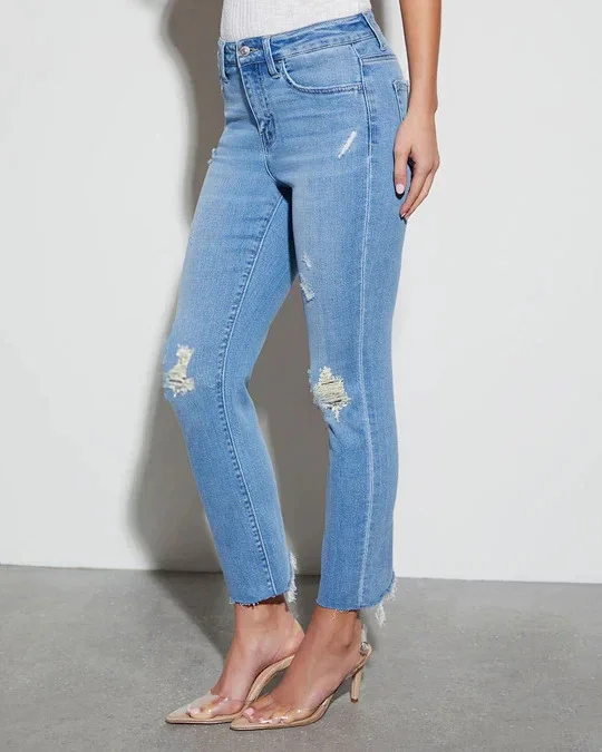 European & American Sourced Women's Spring/Fall Stretch Dark Blue Ripped High-Waist Slim Skinny Jeans (9/10 Length) Detail
