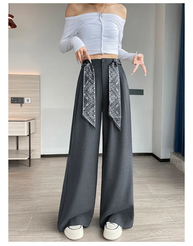 2025 Women's Wide-Leg High-Waist Suit Pants with Scarf Belt Detail